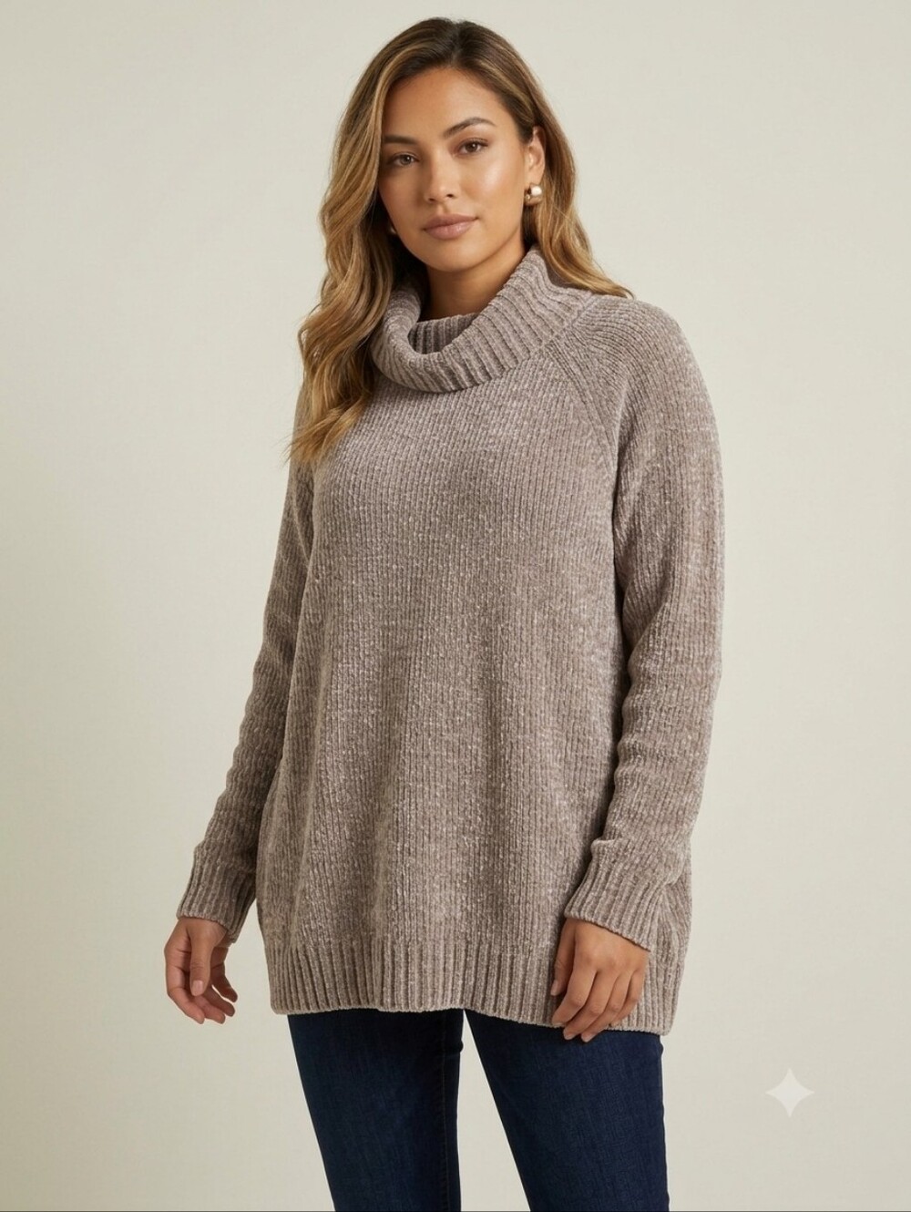 Buffalo David Bitton Chenille Cowl Neck Knit Sweater Taupe Beige Large